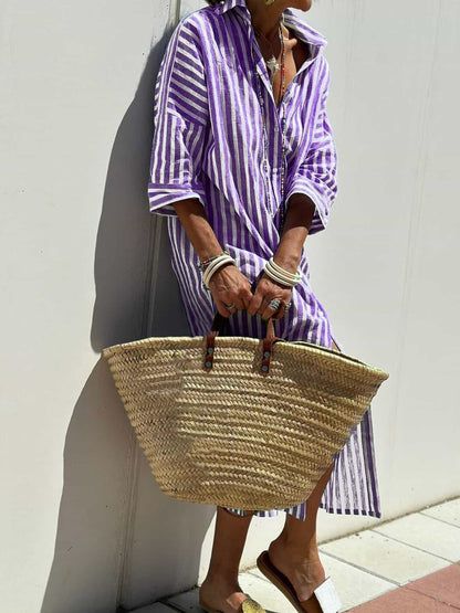 Striped Shirt Dress With Belt Fashion Half-sleeved Lapel Button Cardigan Dresses Women's Clothing