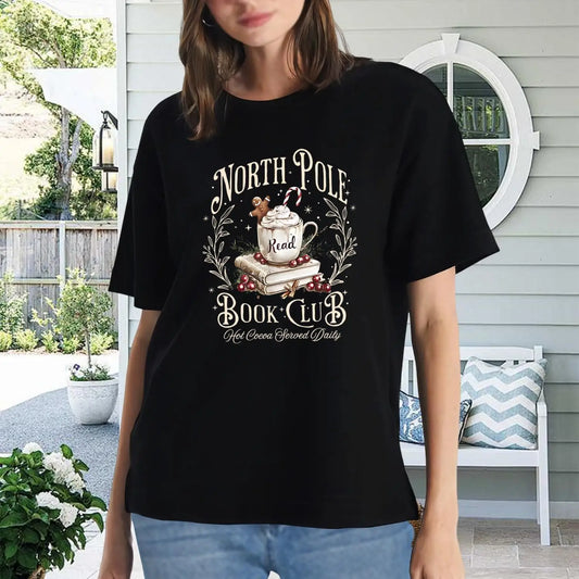 Women's North Pole Book Club T-Shirt: Short Sleeve Graphic Tee, Hot Cocoa Design, Cozy Christmas Gift
