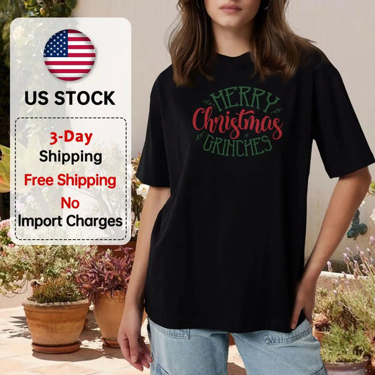 Women's Merry Christmas Grinches T-Shirt, Short Sleeve Holiday Top, Cute Christmas Gift, White Graphic Tee