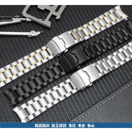 Watch Band Bracelet 18mm 20mm 22mm 24mm Wristband Stainless Steel Watch Strap Double Lock Buckle Curved End Wrist Belt w Pins