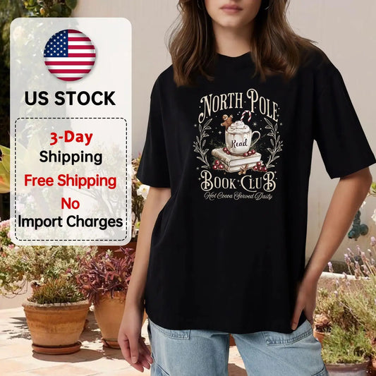 Women's North Pole Book Club T-Shirt: Short Sleeve Graphic Tee, Hot Cocoa Design, Cozy Christmas Gift