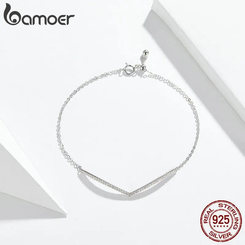 bamoer V Shape Geometric Silver Bracelet Dazzling Clear CZ Chain Bracelets for Women 925 Sterling Silver Wedding Jewelry SCB137
