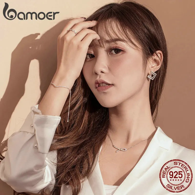 bamoer V Shape Geometric Silver Bracelet Dazzling Clear CZ Chain Bracelets for Women 925 Sterling Silver Wedding Jewelry SCB137