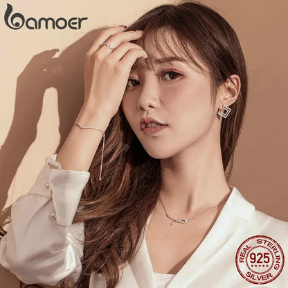 bamoer V Shape Geometric Silver Bracelet Dazzling Clear CZ Chain Bracelets for Women 925 Sterling Silver Wedding Jewelry SCB137