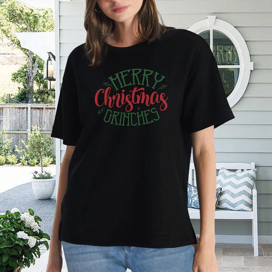 Women's Merry Christmas Grinches T-Shirt, Short Sleeve Holiday Top, Cute Christmas Gift, White Graphic Tee