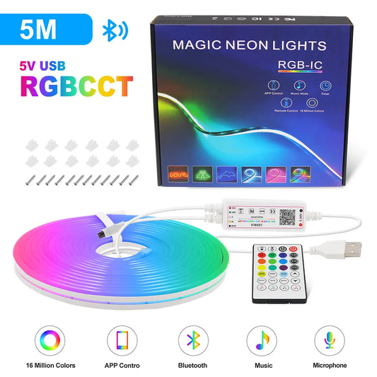 5V RGB CCT LED Neon Strip Light 5050 2835 2 in 1 Bluetooth 24key Remote Control WS2812B USB Kit 108LEDs/m IP67 Flex Decoration