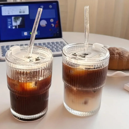 420ML Stripe Glass Cup Vertical Stripes Water Cup s With Lid and Straw Iced Coffee Cups Drinking Glasses For Juice, Milk, Tea