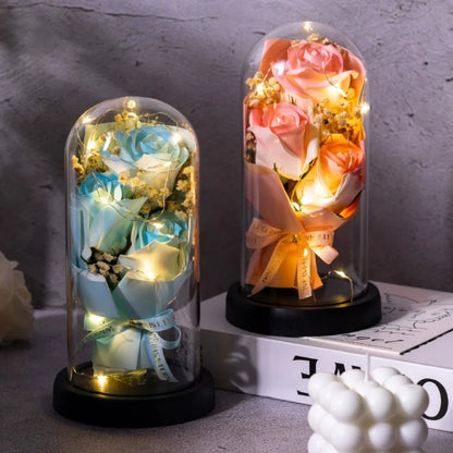 Real Touch Eternal Rose Dome with LED Lights Romantic Home Decor Preserved Flower Gift for Valentine  Anniversary Wedding