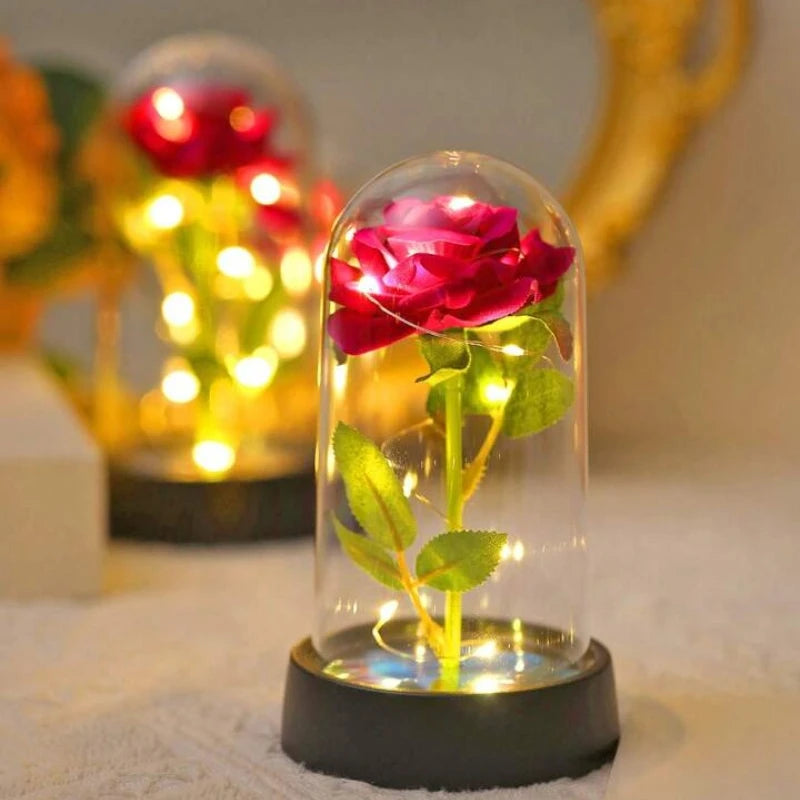 Artificial LED Red Rose in Glass Cover - Creative Valentine's Day Gift Light Up Rose with Stand Wedding Romantic Home Decor