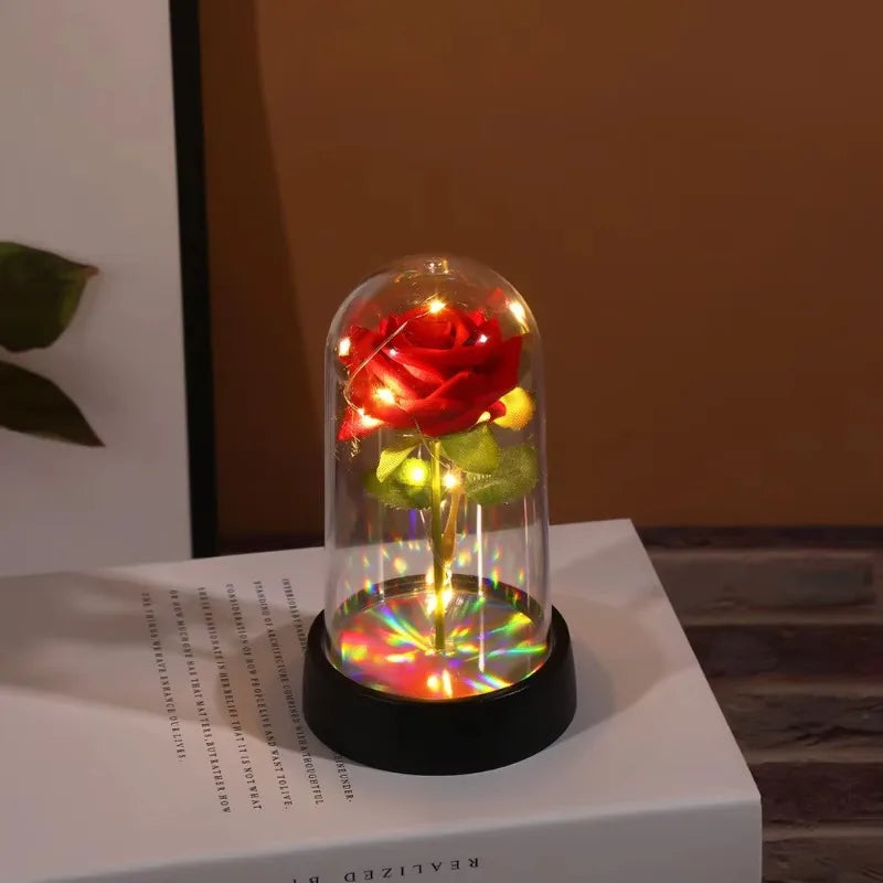 Artificial LED Red Rose in Glass Cover - Creative Valentine's Day Gift Light Up Rose with Stand Wedding Romantic Home Decor