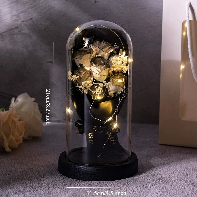 Real Touch Eternal Rose Dome with LED Lights Romantic Home Decor Preserved Flower Gift for Valentine  Anniversary Wedding