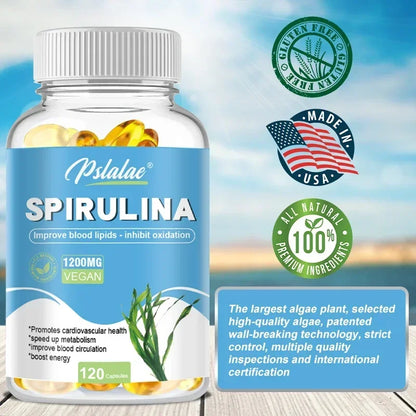 Organic Spirulina Capsules - Supports Cardiovascular and Immune Health, Promotes Blood Circulation, Enhances Energy, Antioxidant