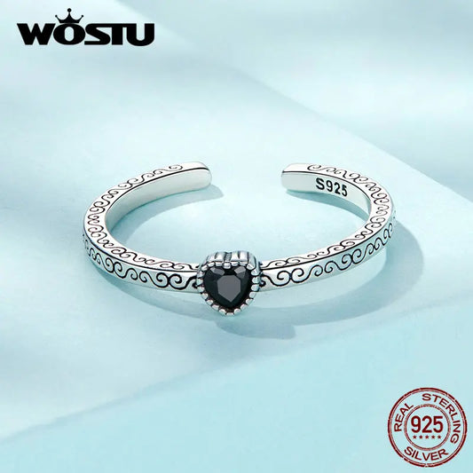 WOSTU 925 Sterling Silver Vintage Blue Black Heart Ring Water-Drop Ring Finger Ring Gift for Women Fine Jewelry Simple Thin Ring