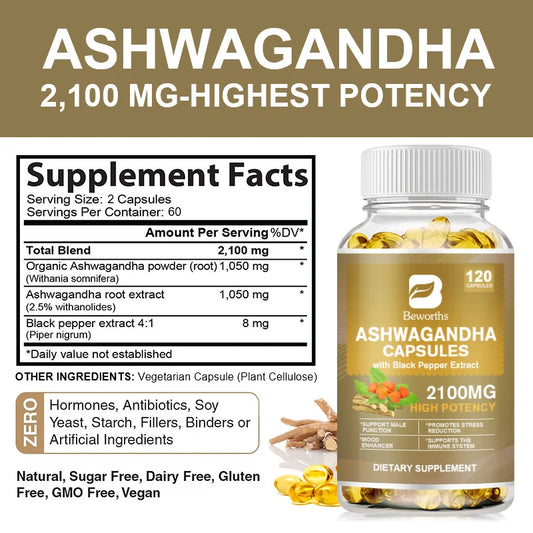 BEWORTHS Ashwagandha Root Capsules Sleep Health and Emotional Stability Support Relieve Fatigue Energy Health Supplements