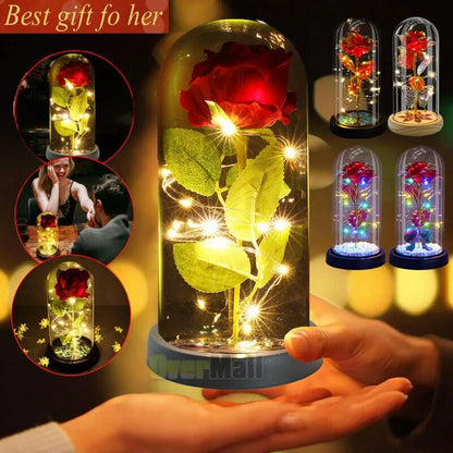 Artificial LED Red Rose in Glass Cover - Creative Valentine's Day Gift Light Up Rose with Stand Wedding Romantic Home Decor