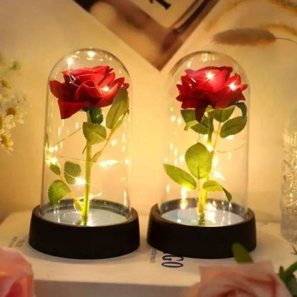 Artificial LED Red Rose in Glass Cover - Creative Valentine's Day Gift Light Up Rose with Stand Wedding Romantic Home Decor