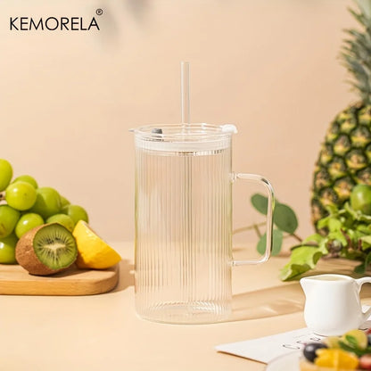 KEMORELA 740ML Large Ribbed Glass Tumbler with Handle and Lid Set of 1/2 Clear Glass Cups with Reusable Straws for Iced Coffee
