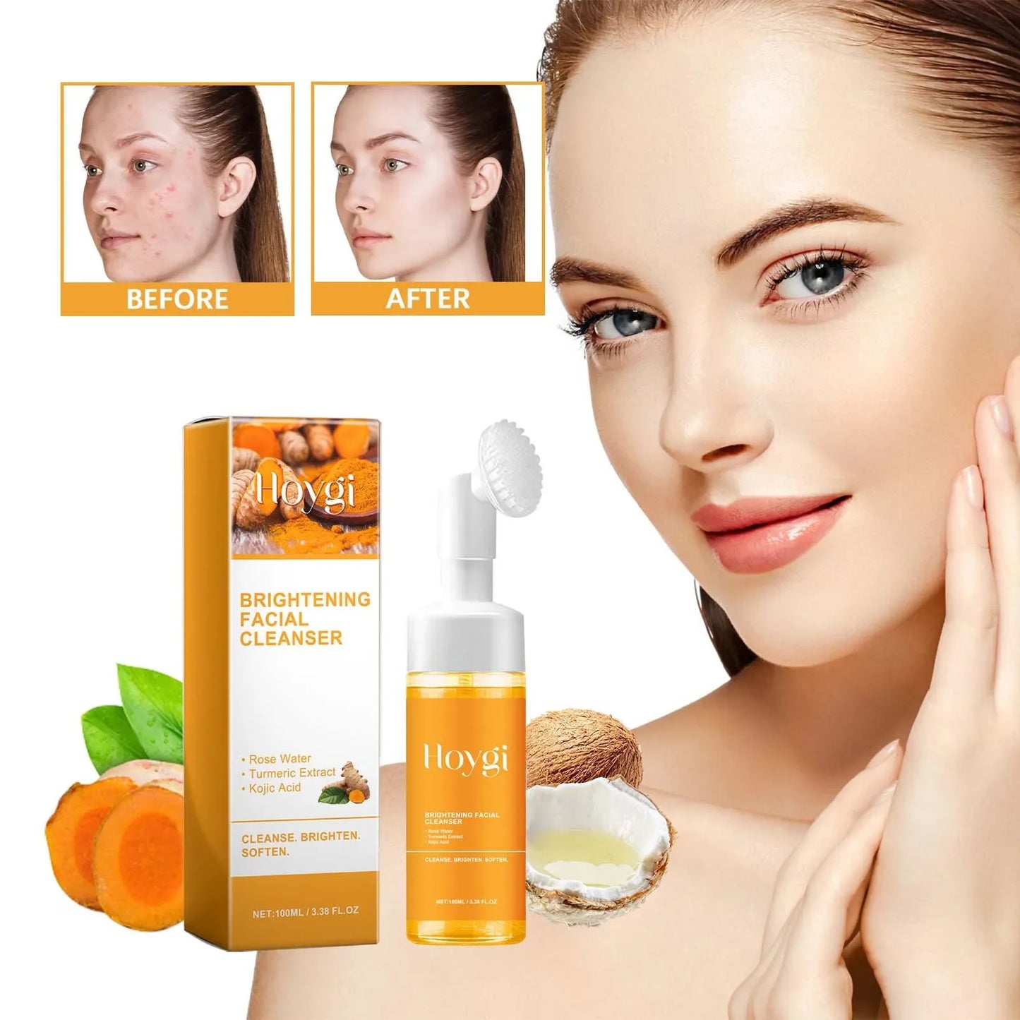 Restore Skin Radiance! Hoygi Turmeric Facial Cleanser Deep Cleansing Moisturizing Whitening and Skin-Purifying Fading Acne Marks