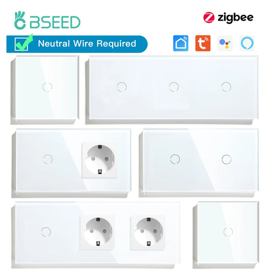 BSEED Zigbee 1/2/3Gang Touch Light Switches 1/2/3Way Tuya Smart Life Alice App Control Plus Normal EU Sockets Neutral Required