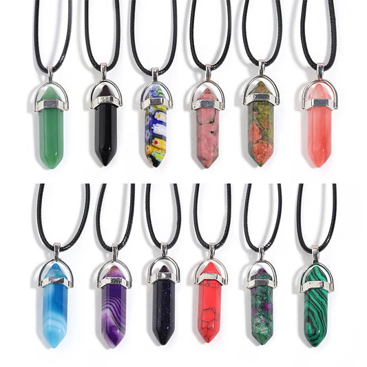 1Pcs Hexagonal Column Crystal Pendant Natural Stone Charms With Leather Rope Necklace For Women Men Jewelry Gift Necklace