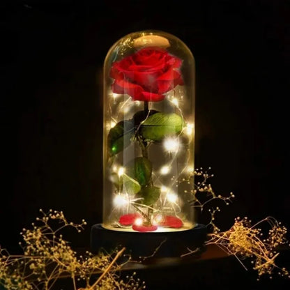 Artificial LED Red Rose in Glass Cover - Creative Valentine's Day Gift Light Up Rose with Stand Wedding Romantic Home Decor