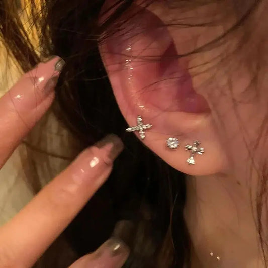 6Pcs/set Silver Color Rhinestone Cross Stud Earrings For Women Fashion Punk Earring Sets Trendy Jewelry Gifts