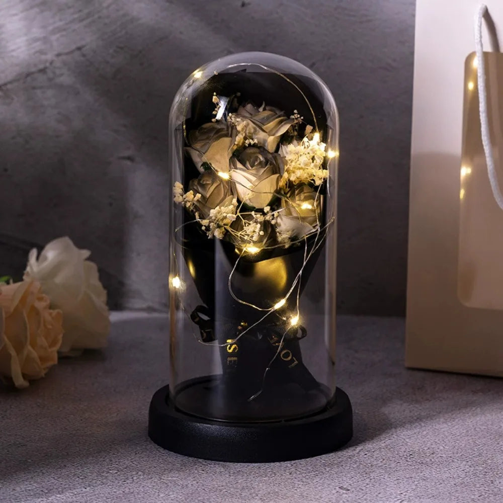 Real Touch Eternal Rose Dome with LED Lights Romantic Home Decor Preserved Flower Gift for Valentine  Anniversary Wedding