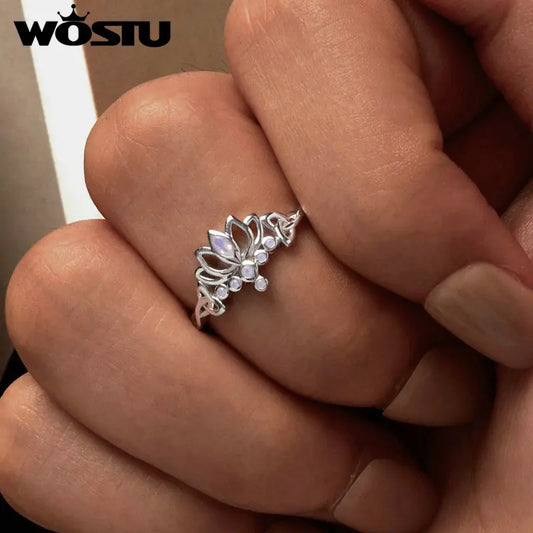 WOSTU 925 Sterling Sliver Lotus Flower Party Rings For Women Shiny Fire Opal Stackable Crown Ring Girl Birthday Jewelry Gift