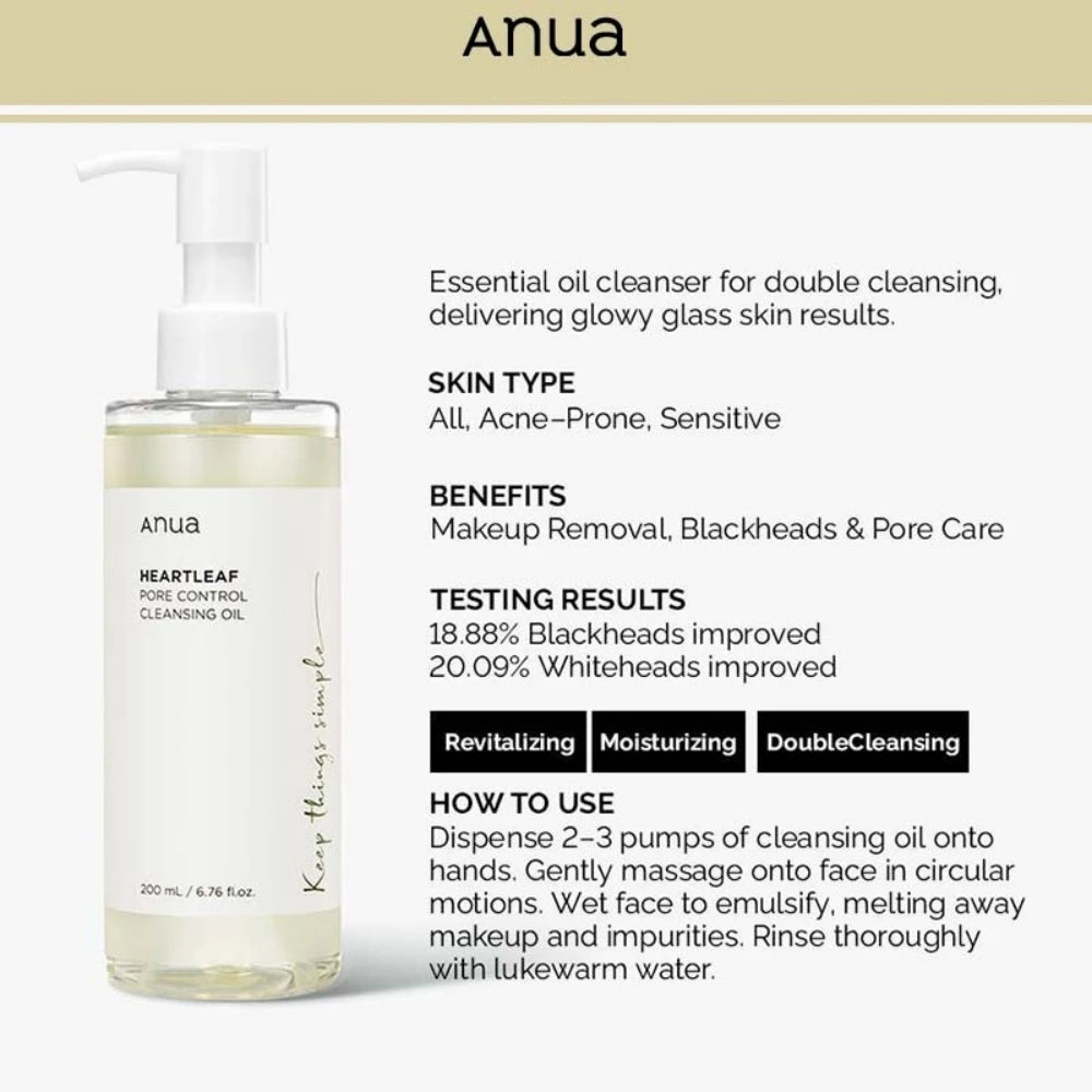 Korean Anua Heartleaf Pore Control Cleansing Oil Moisturizer Skin Care Facial Acne Blackhead Removal Oil 200ml Skincare Products
