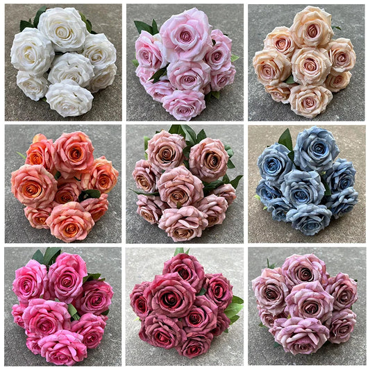 9 Head Curled Roses European Artificial Flowers Home Wedding Rose Wedding Hotel Road Leading Bunch Artificial Flowers