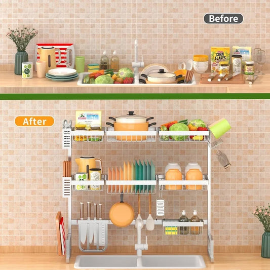 Adjustable Over Sink Dish Drying Rack 3 Tier, 2 Cutlery Holders Drainer Shelf for Kitchen Storage Counter Organizer Stainless