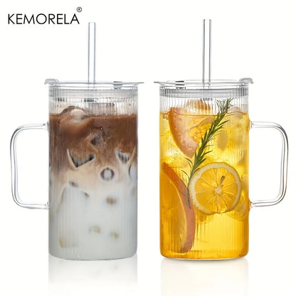 KEMORELA 740ML Large Ribbed Glass Tumbler with Handle and Lid Set of 1/2 Clear Glass Cups with Reusable Straws for Iced Coffee