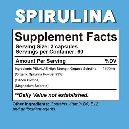 Organic Spirulina Capsules - Supports Cardiovascular and Immune Health, Promotes Blood Circulation, Enhances Energy, Antioxidant