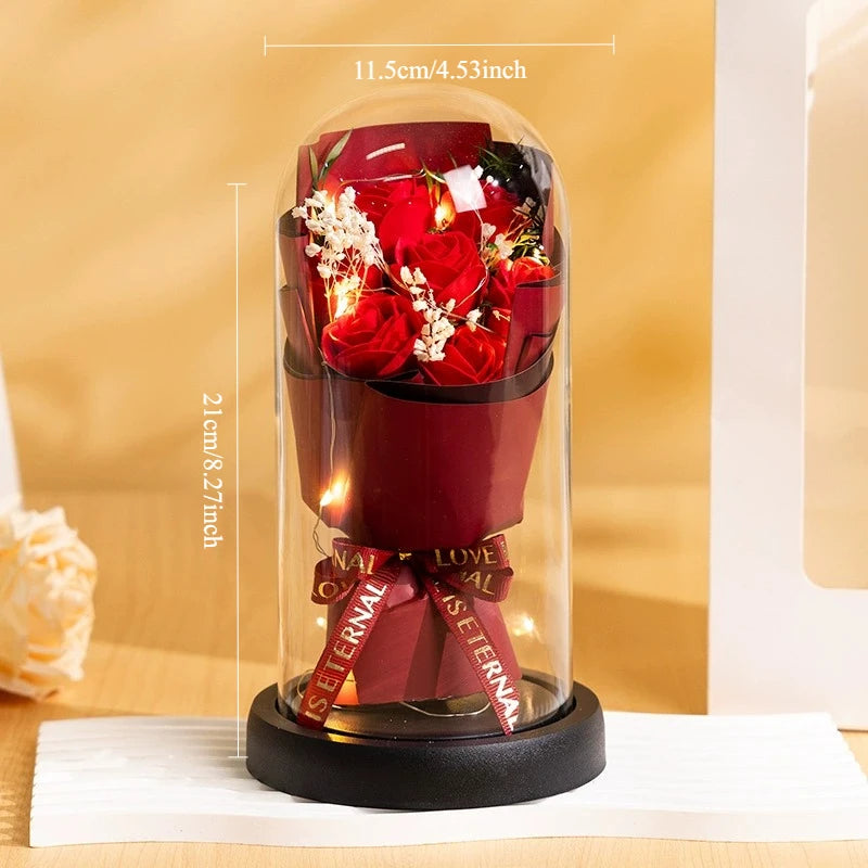 Real Touch Eternal Rose Dome with LED Lights Romantic Home Decor Preserved Flower Gift for Valentine  Anniversary Wedding