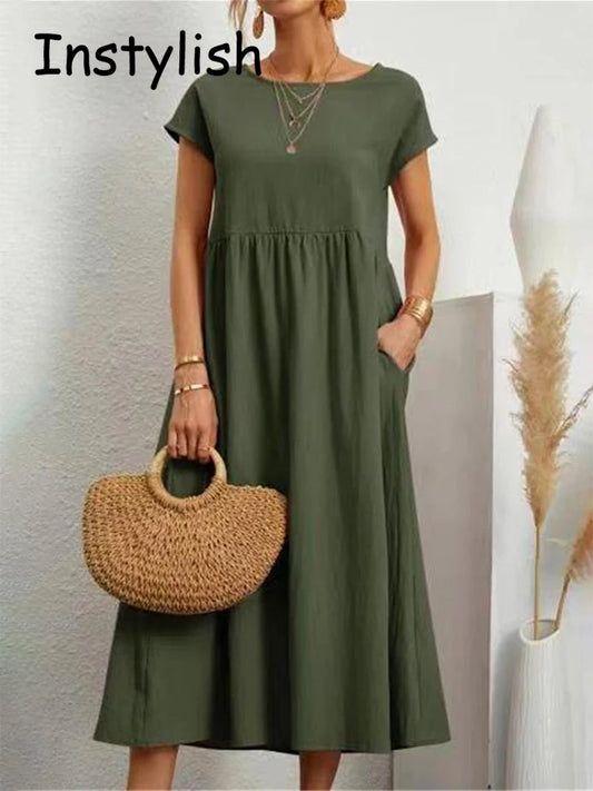 Women Elegant Solid Maxi Dress Summer Short Sleeve O Neck Vintage Harajuku Cotton Linen Loose Sundress Y2K Pockets Long Dress