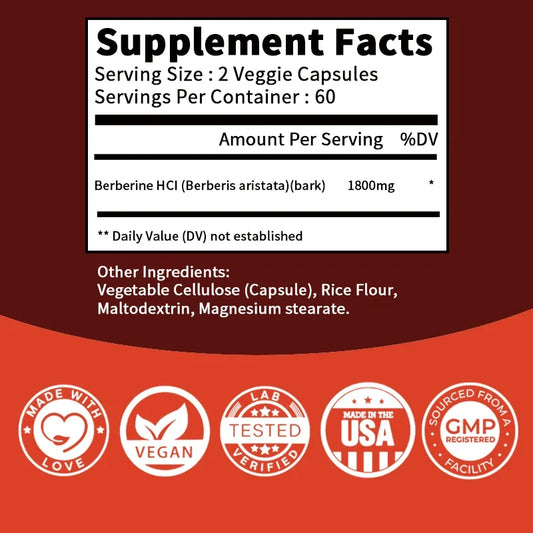Berberine Capsules - Supports Bone and Cardiovascular Health, Promotes Metabolism, Anti-oxidation, and Enhances Immunity