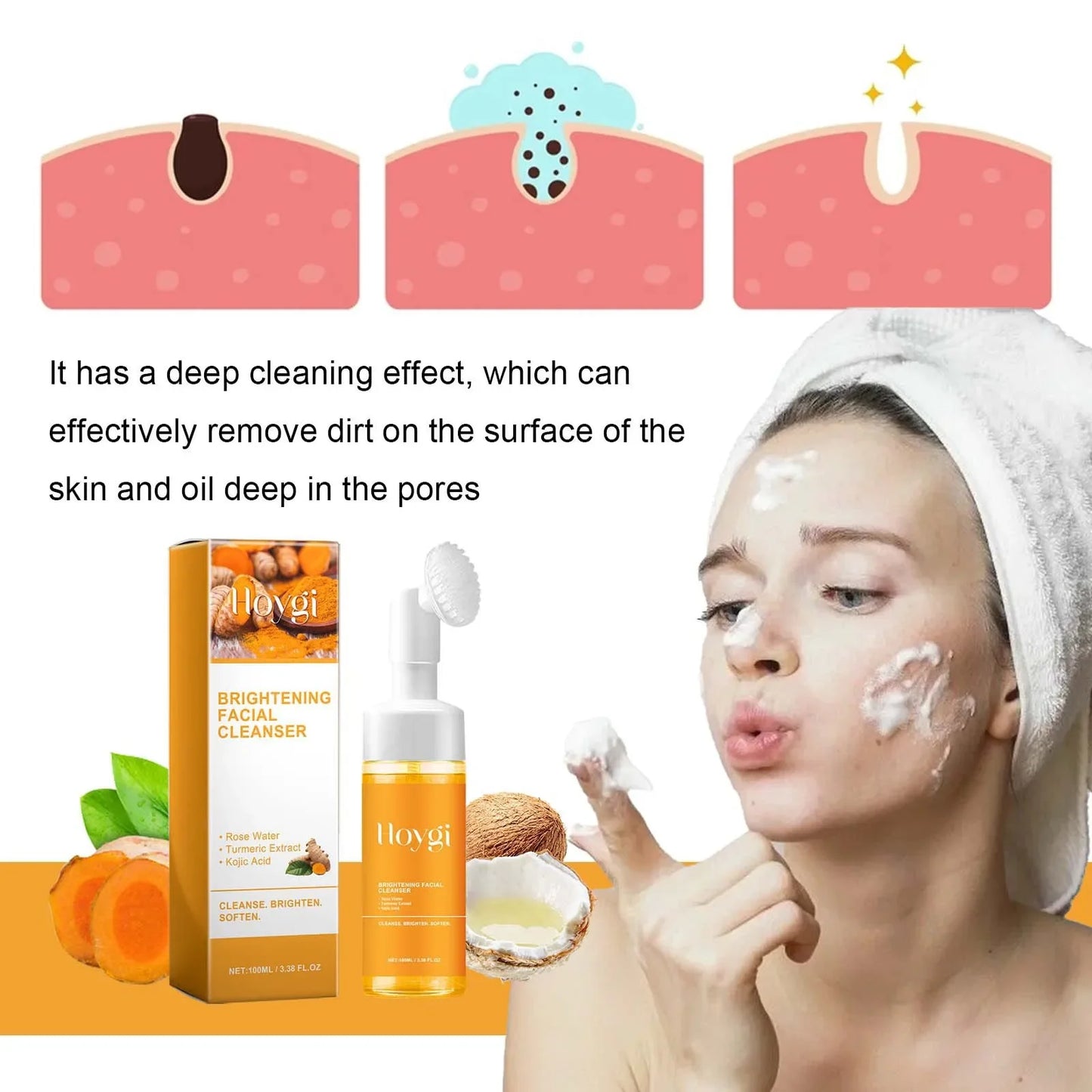 Restore Skin Radiance! Hoygi Turmeric Facial Cleanser Deep Cleansing Moisturizing Whitening and Skin-Purifying Fading Acne Marks