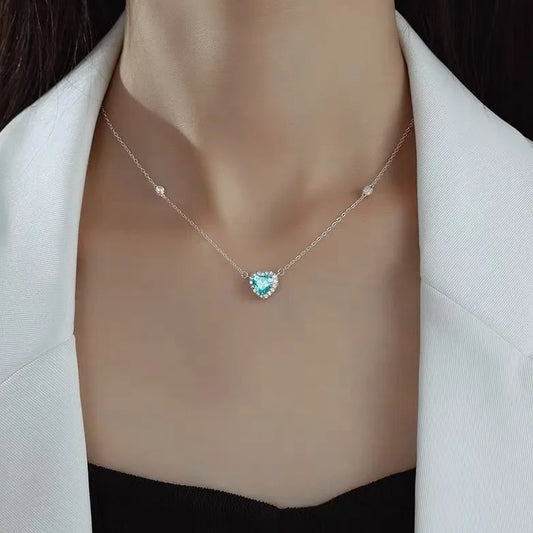 925 Sterling Silver Chain Unique and Stunning Women's Blue Love Heart Zircon Pendant Neck with Trendy Design Jewelry