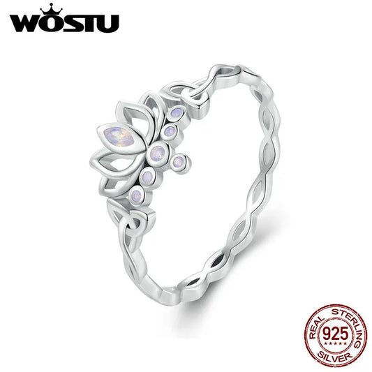 WOSTU 925 Sterling Sliver Lotus Flower Party Rings For Women Shiny Fire Opal Stackable Crown Ring Girl Birthday Jewelry Gift