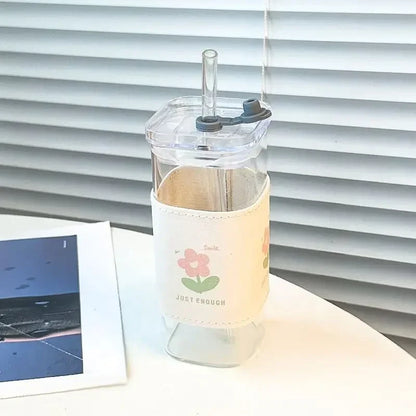 Square Heat Resistant Coffee Glass Cup With Lid and Straw Transparent Milk Tea Juice Cups Coffee Mug For Home Bar Drinkware