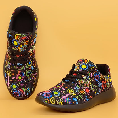 Women's Mexican Flower Pattern Lightweight Sneakers - Lace-Up Running Shoes, Casual & Stylish - Breathable Fabric & Rubber Sole - For Women - Suitable for Everyday Wear, Running & Casual Outings - Perfect Gift for Fashionable