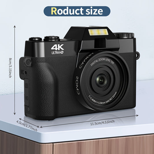 4K Digital Camera for Photography Auto-Focus 56MP Vlogging Camera, Support 16X Digital Zoom 3 Inch 180° Flip Screen, Comes with 52mm Wide Angle & Macro Lens and 32G Memory Card a 1500mAH Battery