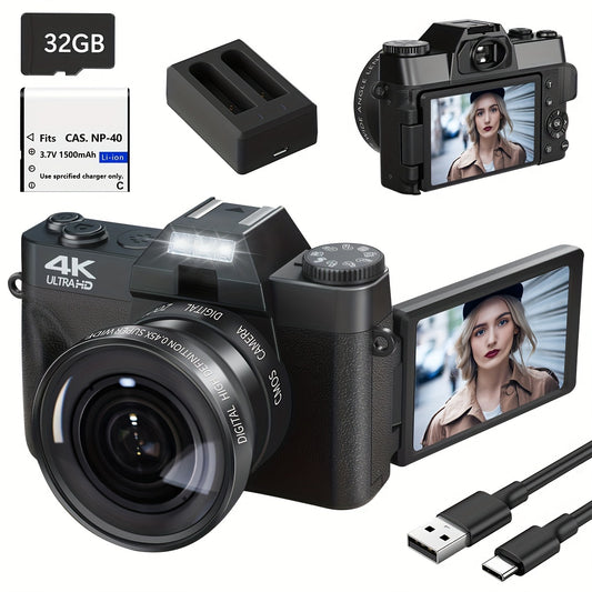 4K Digital Camera for Photography Auto-Focus 56MP Vlogging Camera, Support 16X Digital Zoom 3 Inch 180° Flip Screen, Comes with 52mm Wide Angle & Macro Lens and 32G Memory Card a 1500mAH Battery