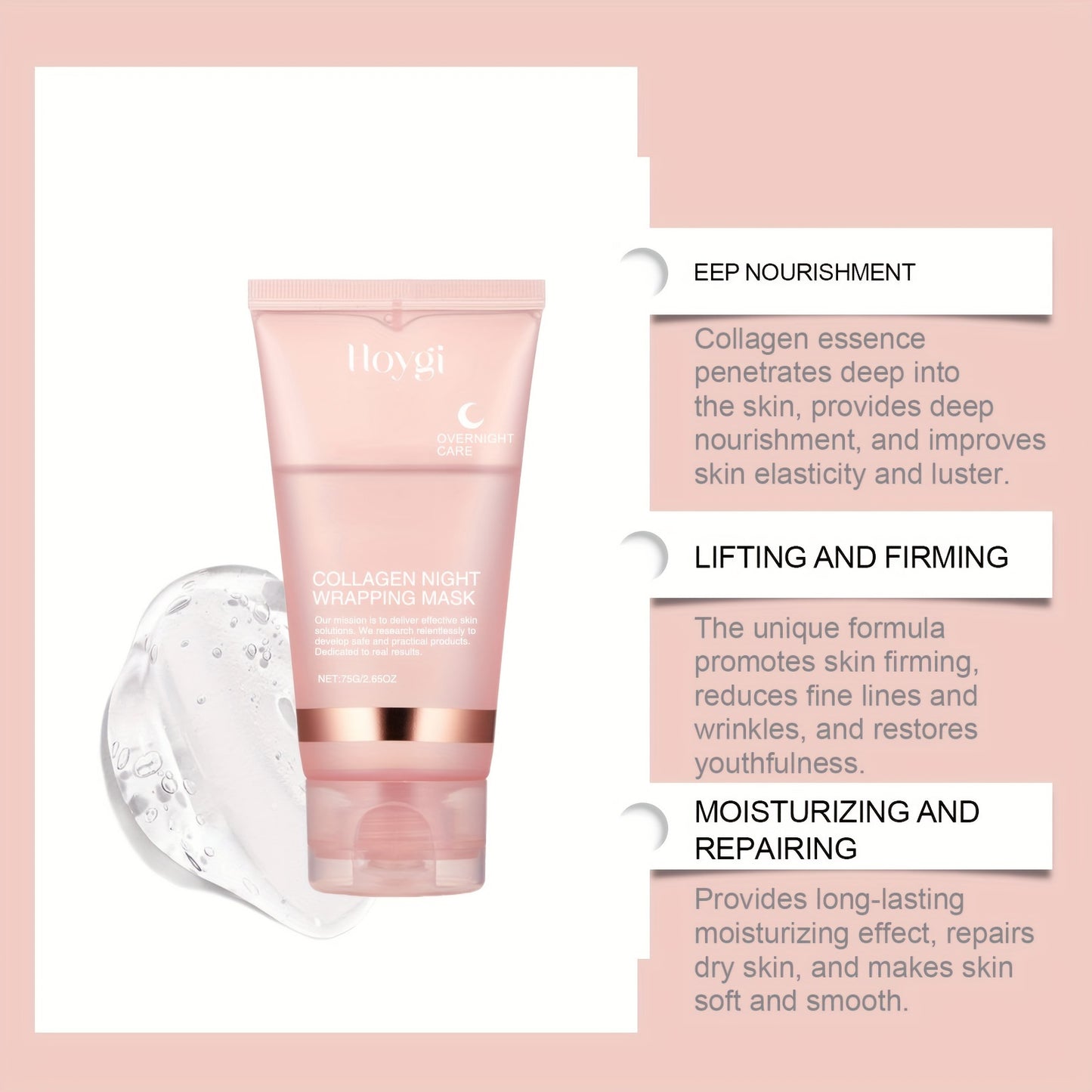 Hoygi Collagen Night Wrapping Mask with Spatula - Unisex Adult Moisturizing Overnight Mask, Firming & Lifting, Alcohol & Scent Free, for All Skin Types with Collagen, Vitamin E, Glycerin - Korean Skincare